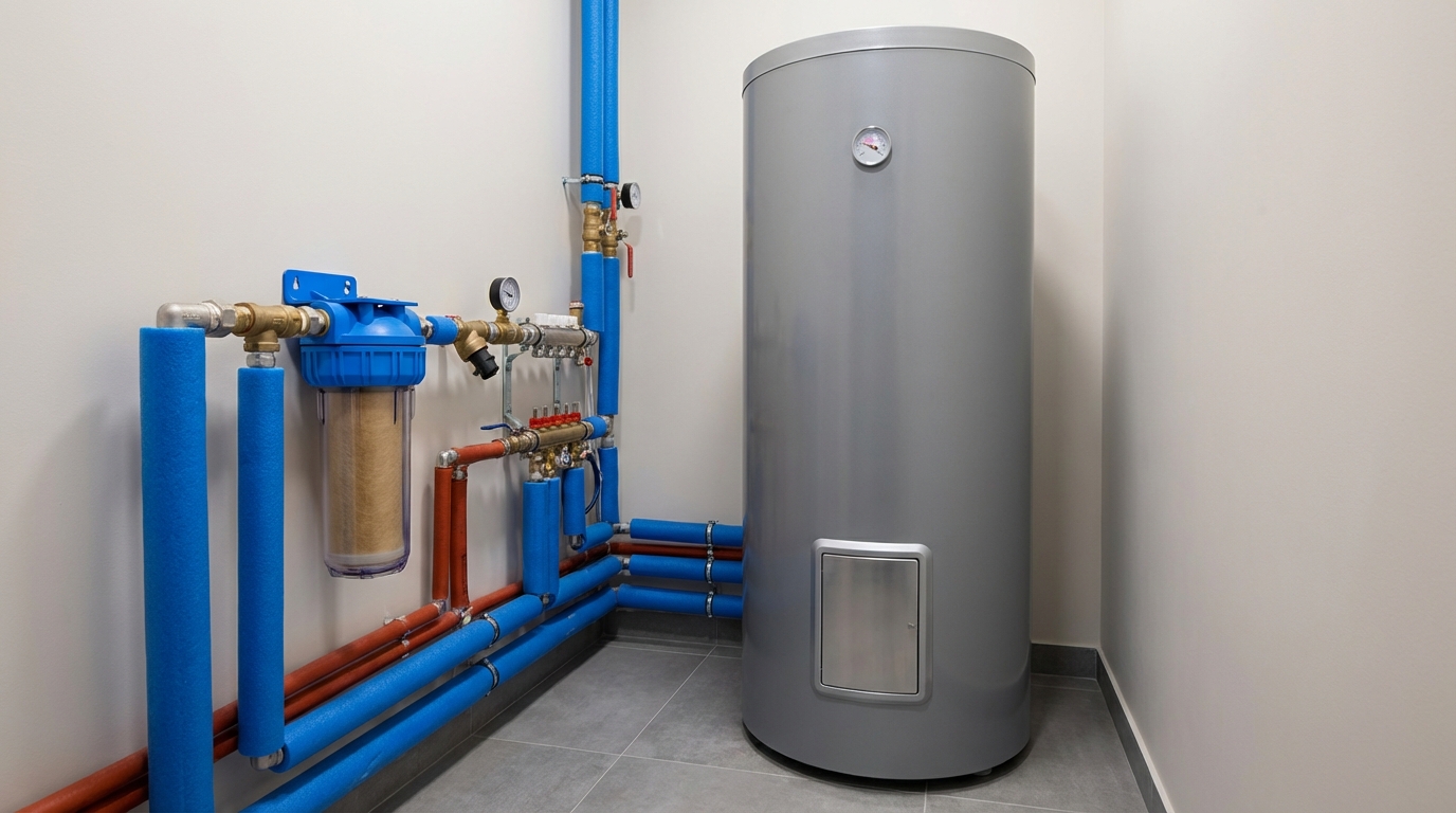 Modern boiler room with a gray hot water tank and blue-red piping system in a clean utility space.
