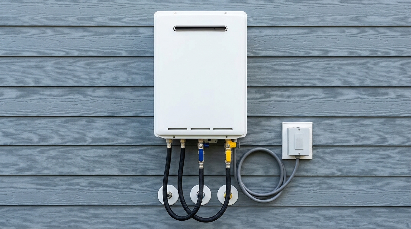 Outdoor tankless water heater installed on blue siding wall for efficient energy use and space-saving design.