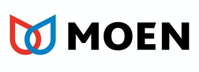 Moen logo with intertwined blue and red drop shapes next to bold text.