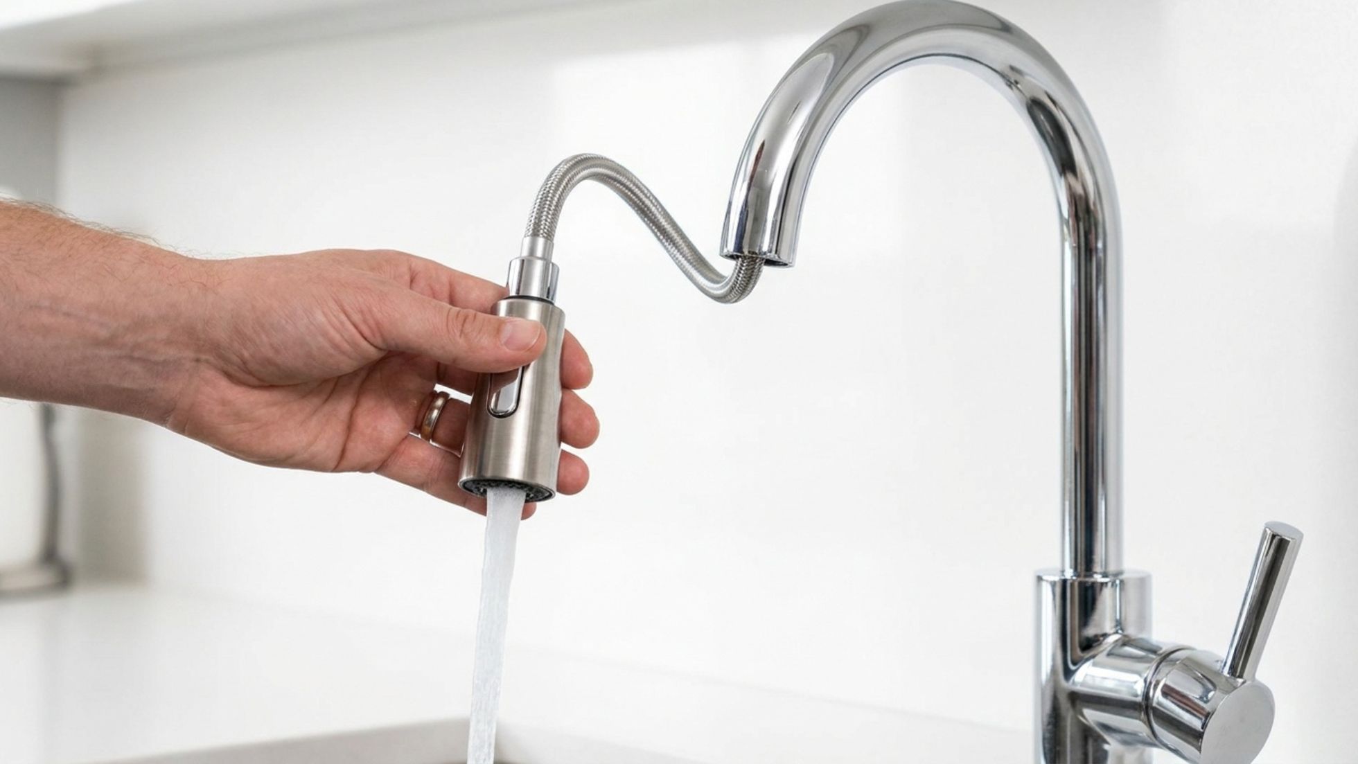 Hand using a modern pull-out kitchen faucet with running water in a clean, white kitchen setting.