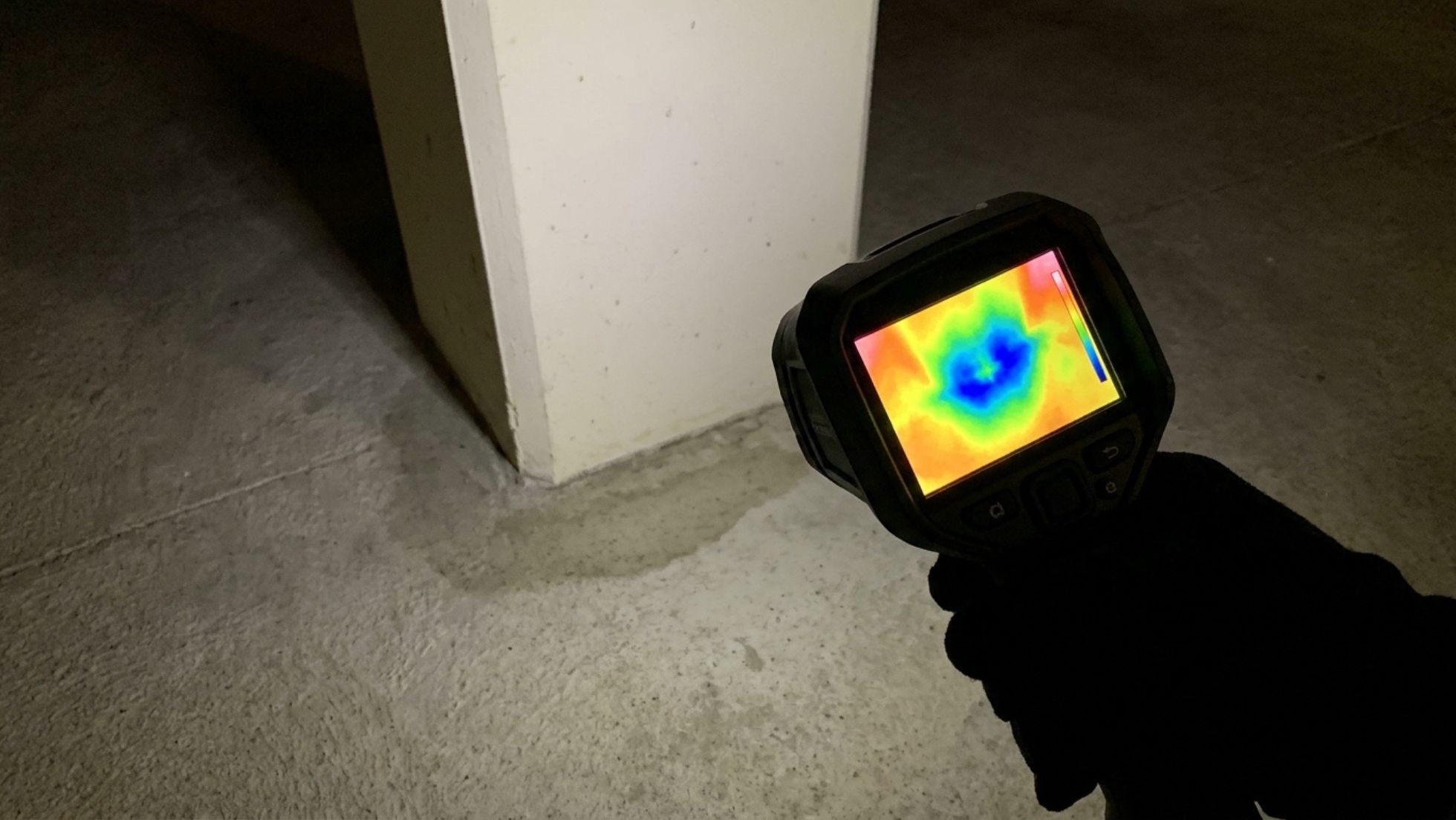 Thermal imaging device detecting temperature variations on a concrete surface near a column.