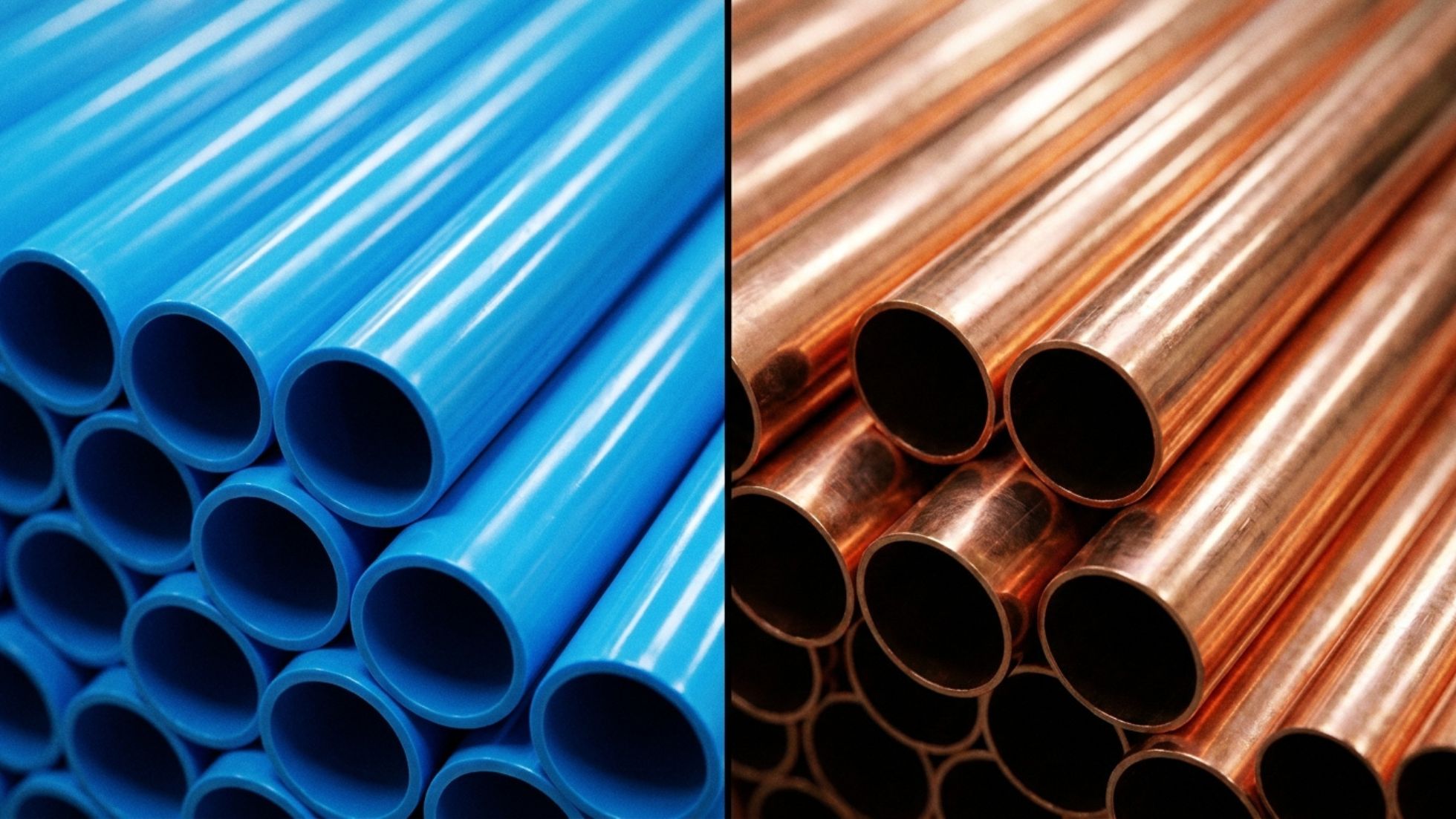 Blue plastic and copper pipes side by side, showcasing different plumbing materials.