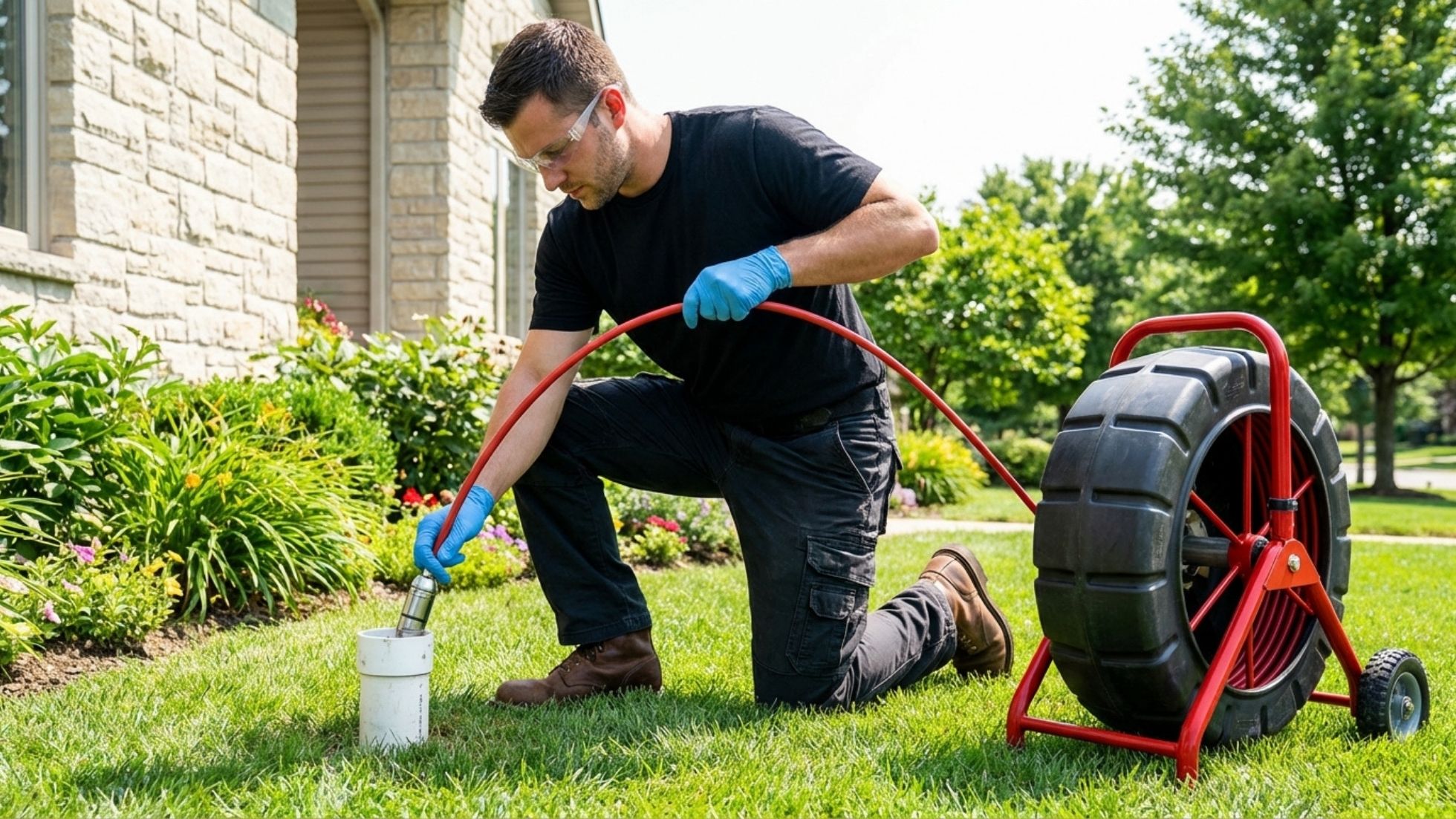 Technician using a drain cleaning machine on a lush green lawn for sewer maintenance in a residential area.