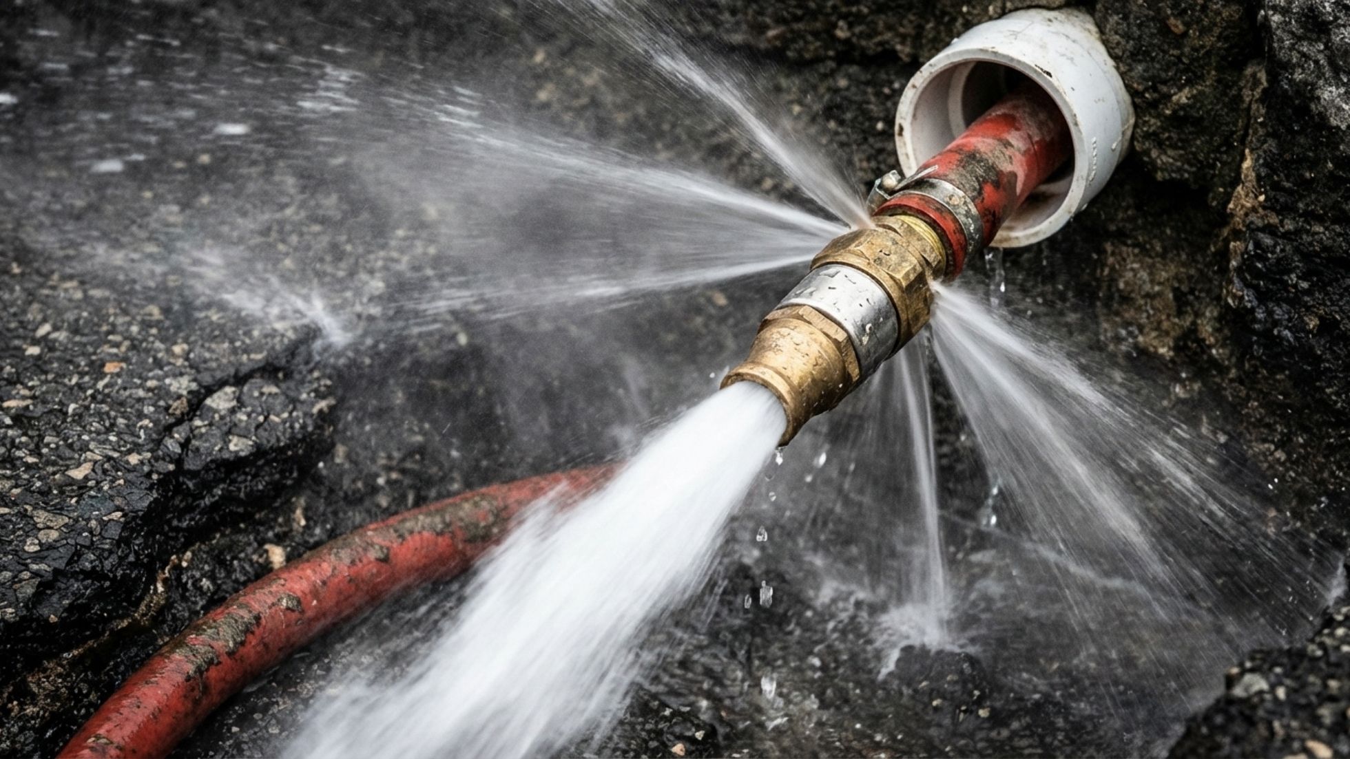 Leaking water hose with multiple sprays, highlighting plumbing issues on an asphalt surface.