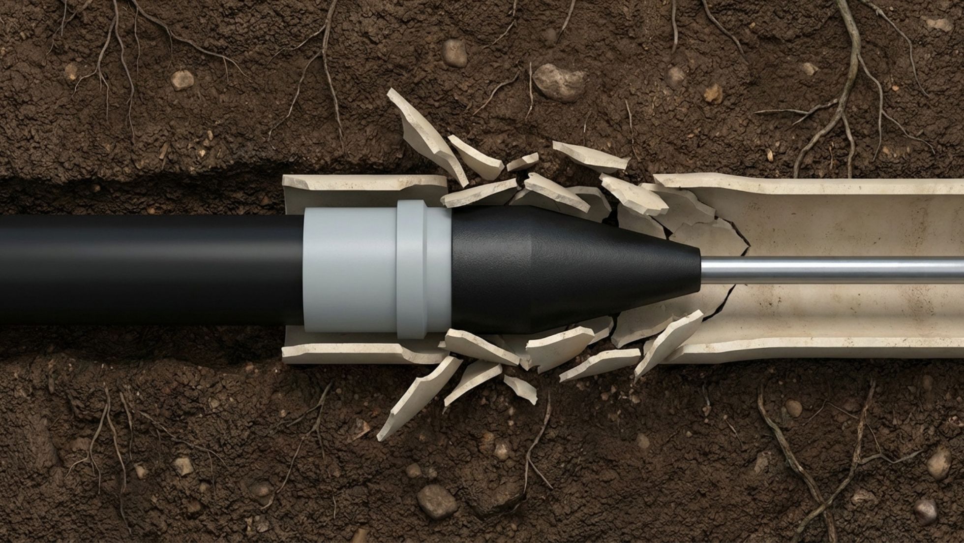 Pipe bursting method for trenchless underground pipe replacement beneath soil with visible roots.