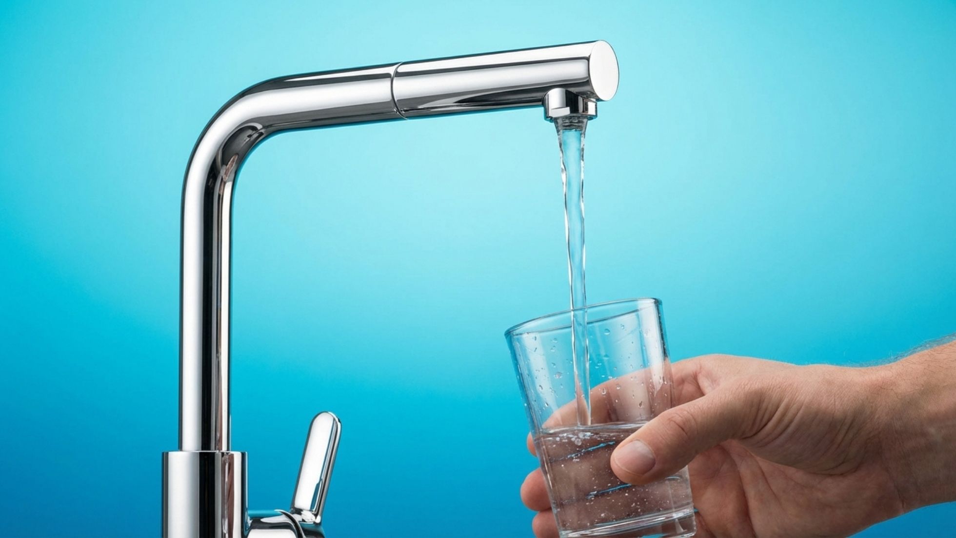 Hand filling glass with water from a modern chrome faucet against a blue background.