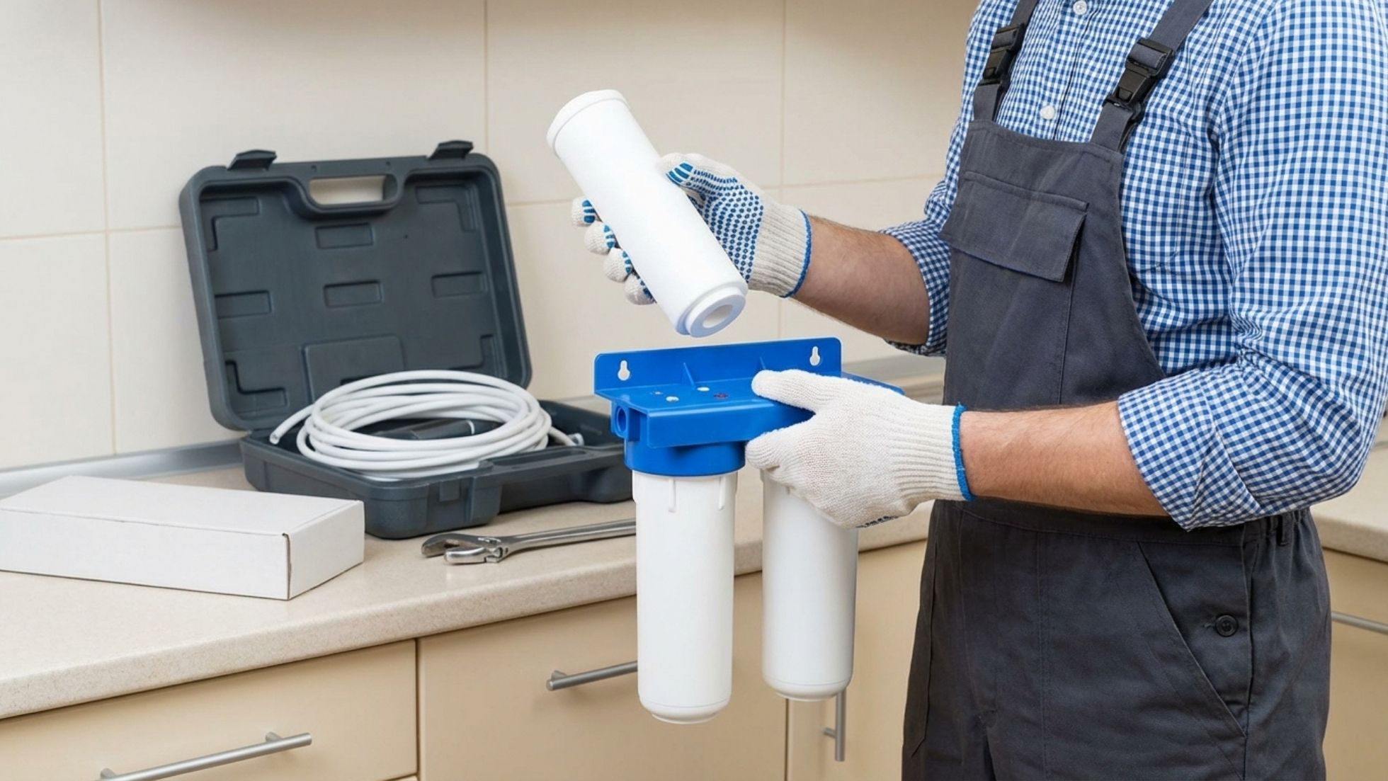 Technician installing water filter system in kitchen with tools and components on the counter.
