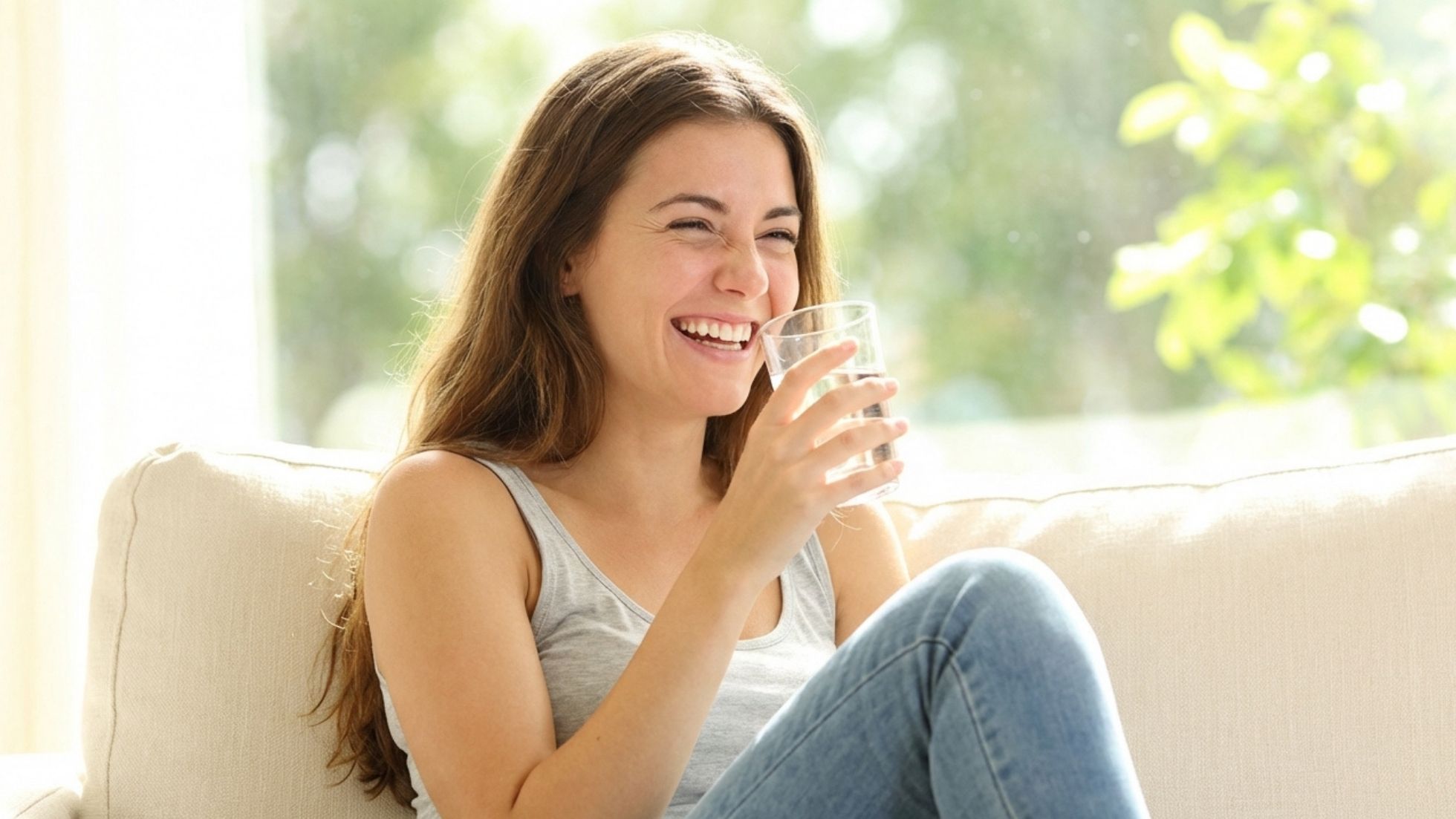 Smiling woman enjoying a refreshing glass of water on a cozy sofa, surrounded by bright, natural light.