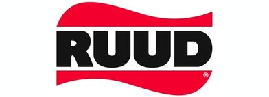 Ruud logo featuring bold black text on a red and white background, representing heating and cooling solutions.