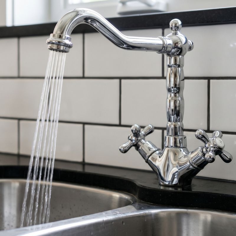 Modern chrome kitchen faucet with running water over stainless steel sink, set against white subway tile backsplash.