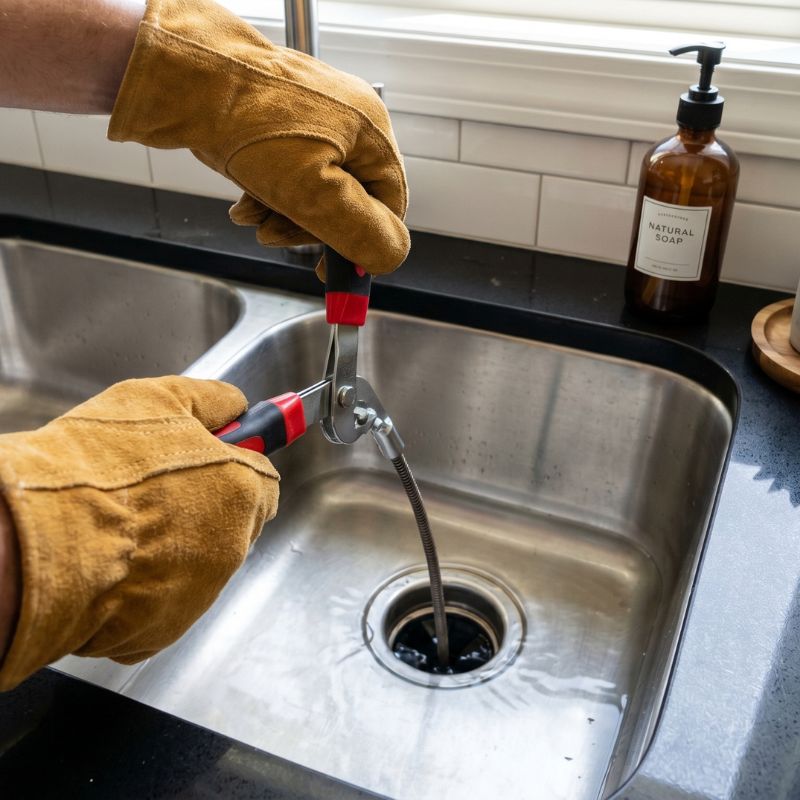 Gloved hands using pliers to unclog a kitchen sink drain with a plumber's tool in a modern kitchen.