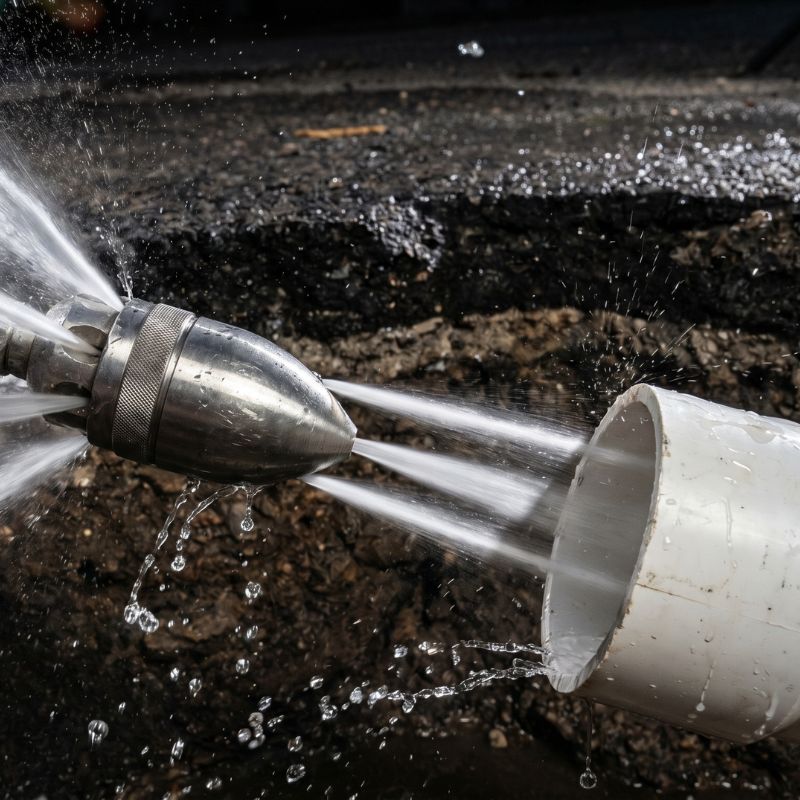 High-pressure water jet cleaning a sewer pipe, showcasing efficient plumbing maintenance method.