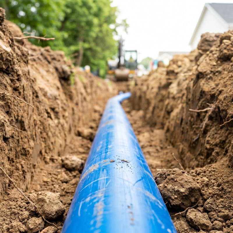 Blue water pipeline installation in dirt trench, highlighting infrastructure development and utility construction.