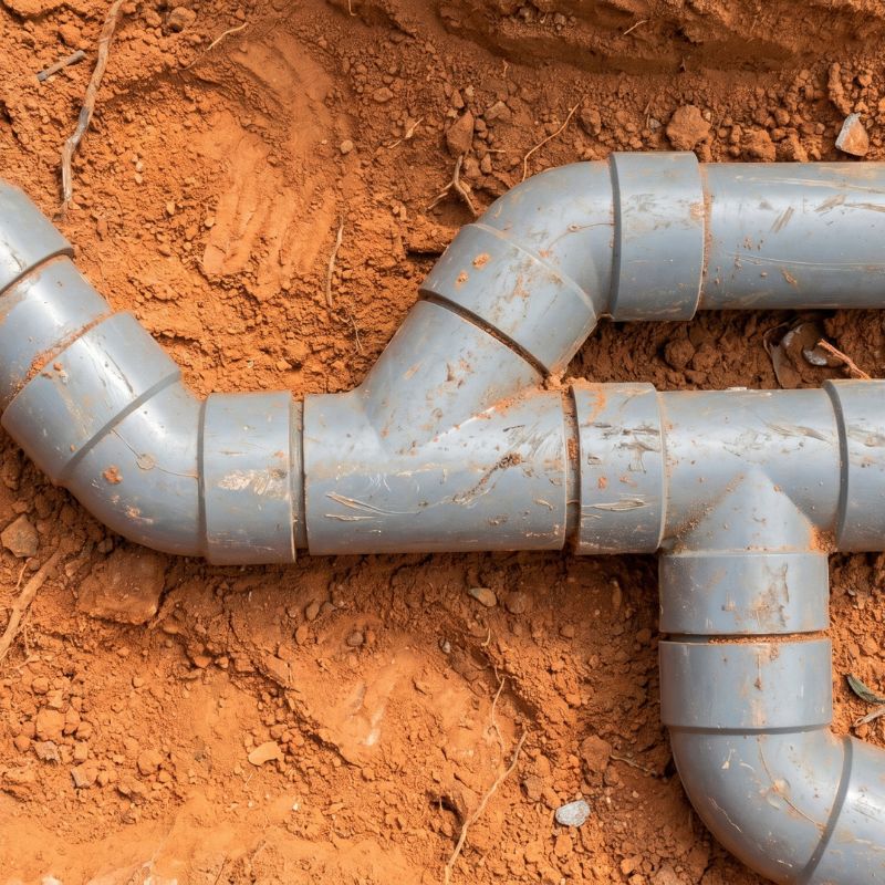 Gray PVC pipes in brown soil, illustrating plumbing installation or infrastructure development.