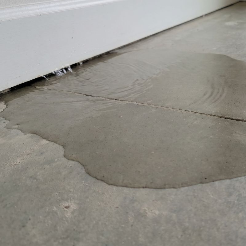 Water leakage under door causing puddle on concrete floor.