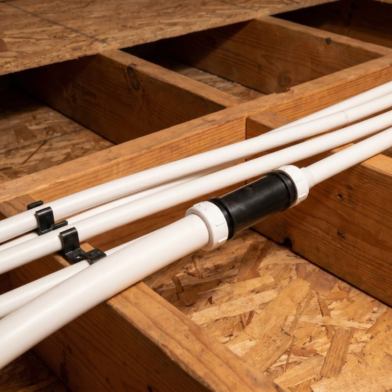 Plastic water pipes installed on wooden floor joists during home construction.