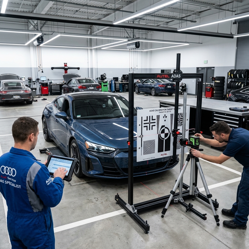 Technicians calibrate ADAS on a blue Audi vehicle in a modern auto service workshop.