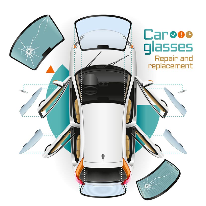 Car glass repairs and replacement diagram, showcasing various car windows and windshields around the vehicle.