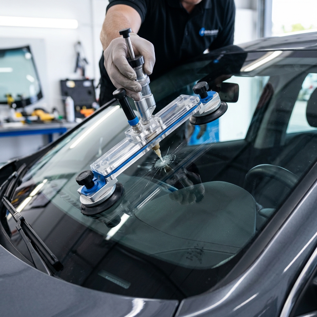 Technician repairing a cracked windshield with specialized tools in an auto service workshop.