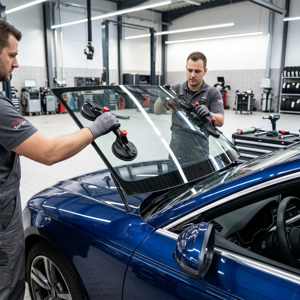 Two technicians are installing a windshield on a blue car in a modern auto repair workshop.
